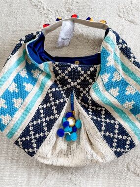Oversized Woven Blue & White Shoulder Bag with Aqua Accents and Pom Charm